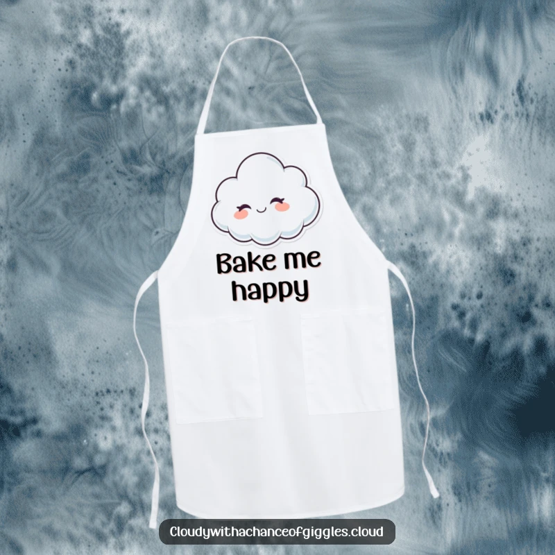 Funny whimsical cloud character winking with a friendly smile, a humorous kitchen apron.