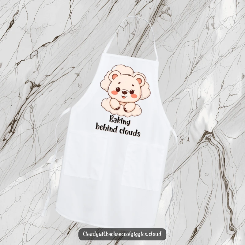 Funny apron with a smiling bear cub peeking from behind clouds, perfect for kitchen tasks, bringing playful charm and humor, a funny gift.