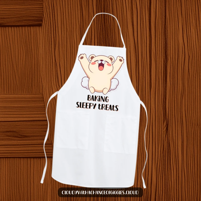 Funny apron design of a little bear cloud character yawning widely and stretching its cloudy arms upwards, perfect for kitchen comfort.