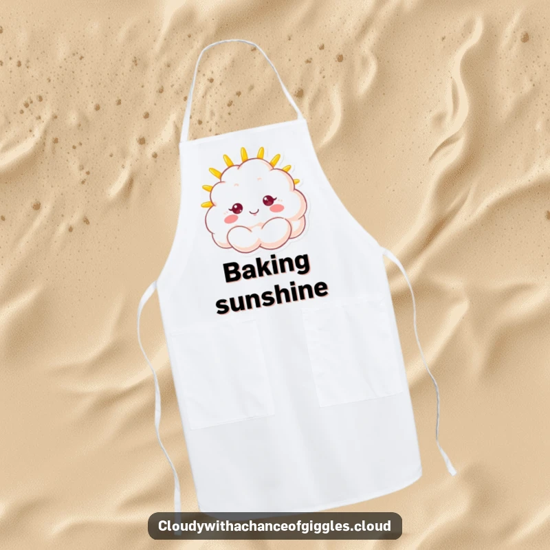 Funny apron with a fluffy cloud character sporting a beaming sunshine face, ready for a bright and humorous cooking session.