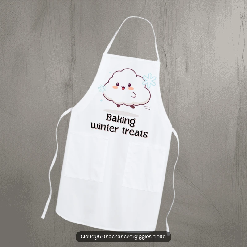 Funny apron with a playful cloud animal character chasing a dancing snowflake, perfect for a winter-loving cook.