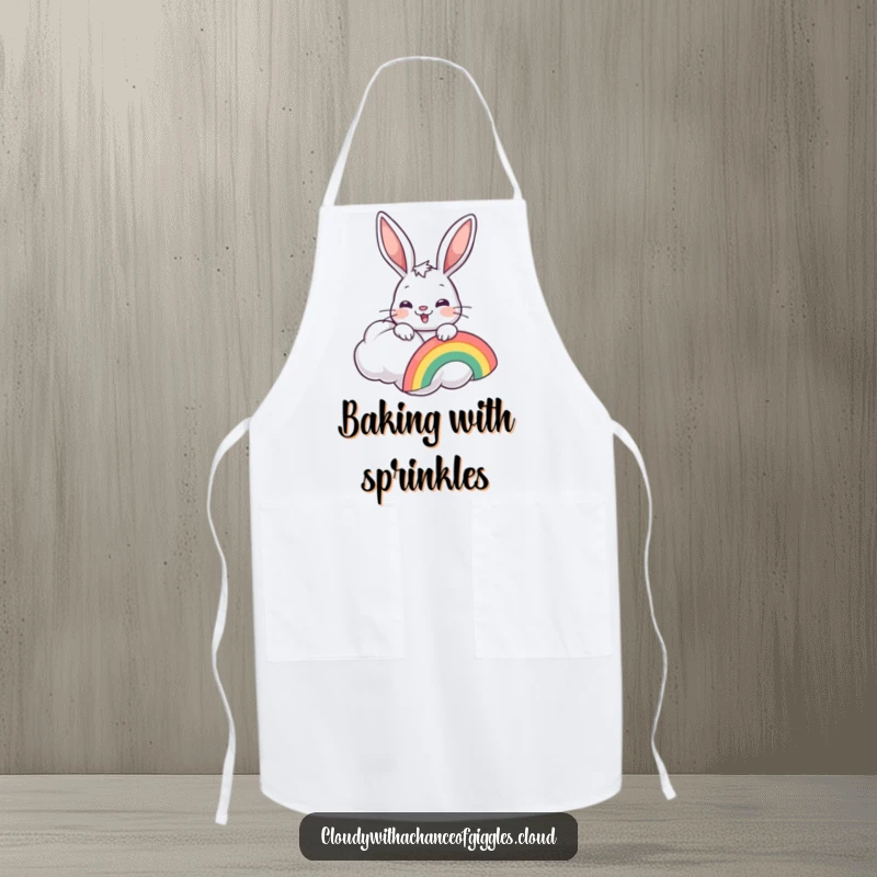 Funny bunny peeking from a cloud, holding a rainbow, on a cute kitchen apron, ideal for cooks.