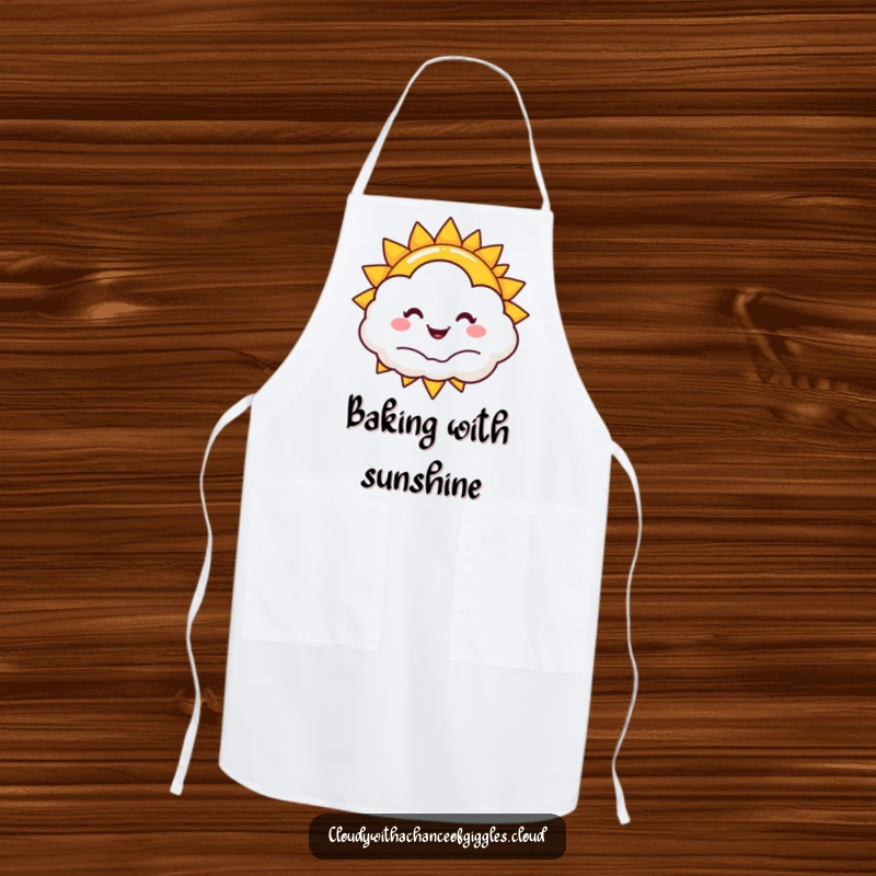 Funny sun apron, a smiling sun peeking from a happy cloud, perfect for humorous cooking and baking.