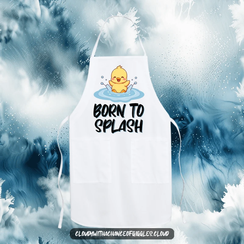 Funny duckling cheerfully splashing in a cloud-shaped puddle, printed on a practical apron, adding humor and charm to kitchen activities.