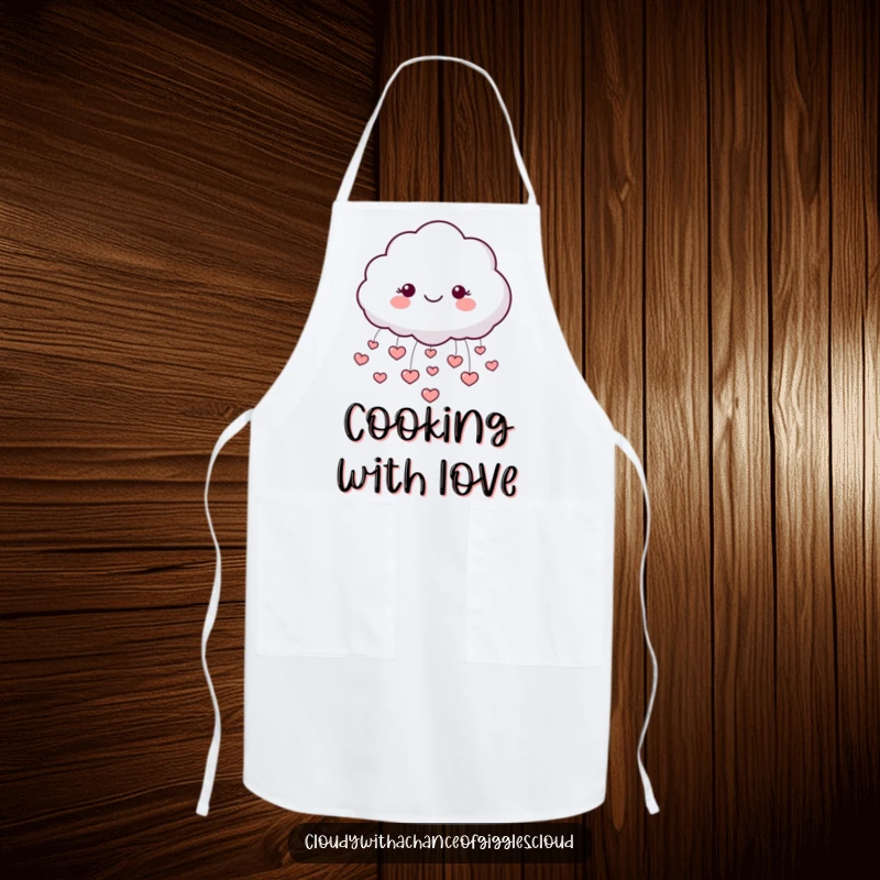 Funny apron with a happy-faced, fluffy cloud character showering tiny hearts, ideal for kitchen fun.