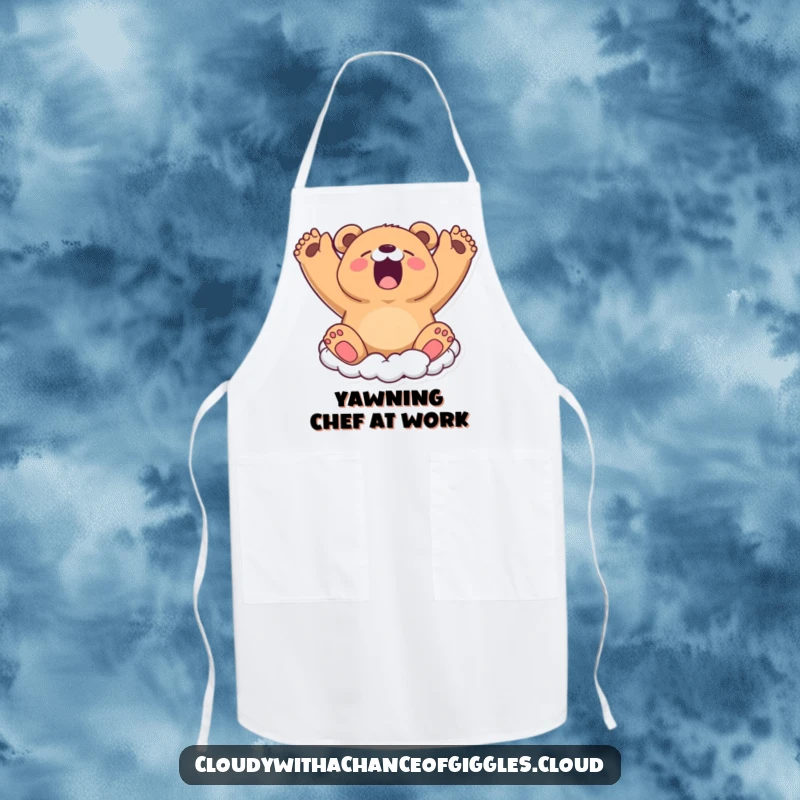 Funny Apron: A sleepy bear cloud yawns widely, stretching its arms, bringing cozy charm to your kitchen adventures.