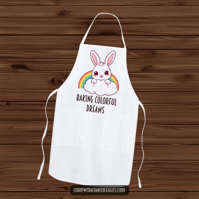 Funny apron with a cheerful bunny peeking from behind a puffy cloud, holding a rainbow, perfect for kitchen protection.