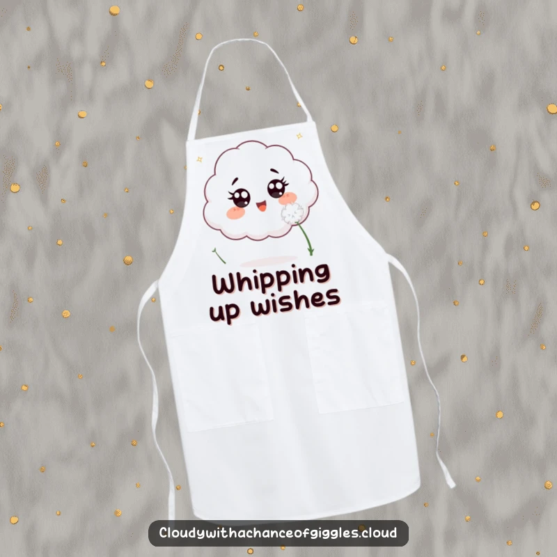 Funny apron featuring an excited cloud with wide eyes, comically chasing a small fluffy white dandelion seed during a kitchen adventure.