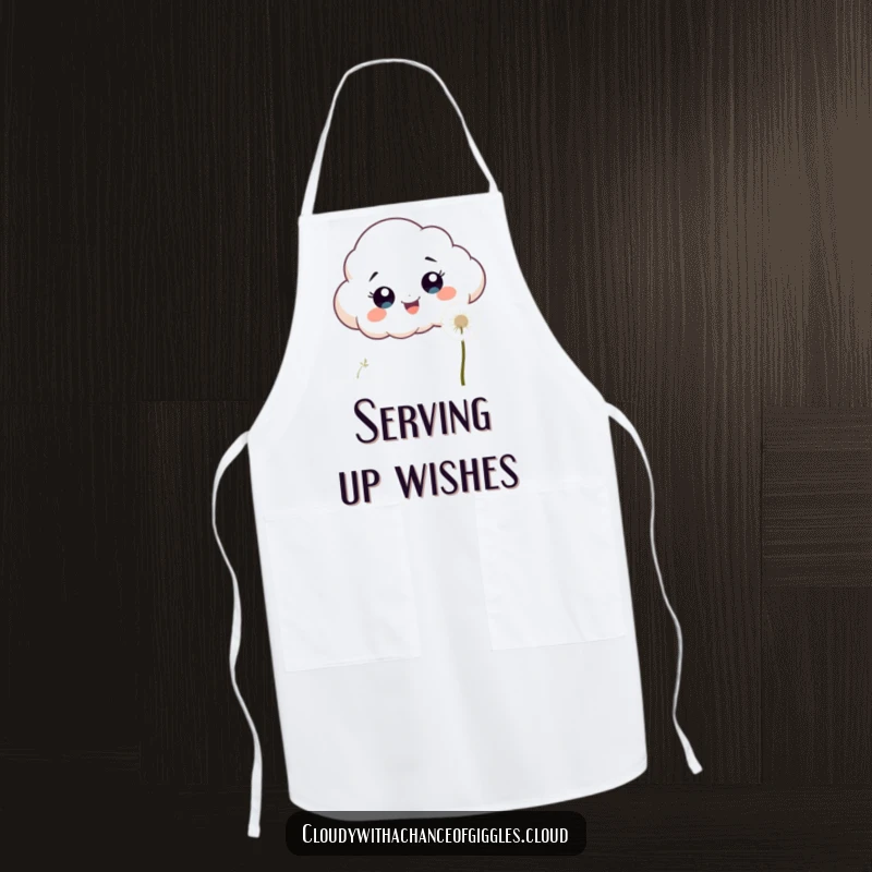 Funny, excited cloud with wide eyes chasing a fluffy white dandelion seed on a kitchen apron.