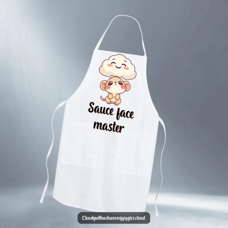 Funny Apron showcasing a curious creature looking up at a cloud shaped like a funny face. A playful kitchen accessory.