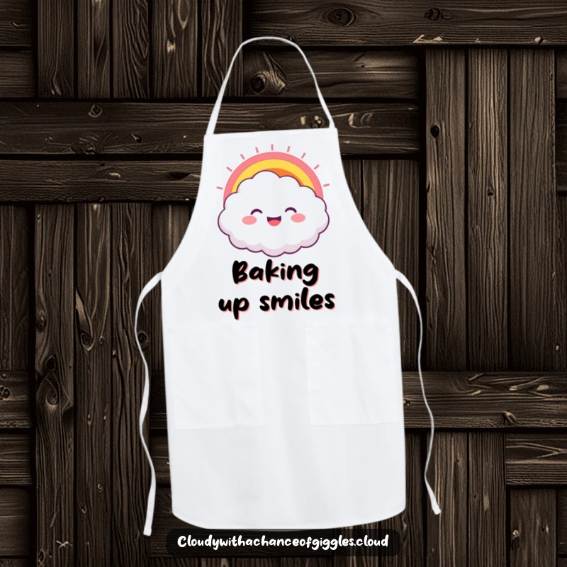 Funny kitchen apron featuring a smiling cloud character with a rainbow bursting from its joyful grin, adding humor to cooking tasks.