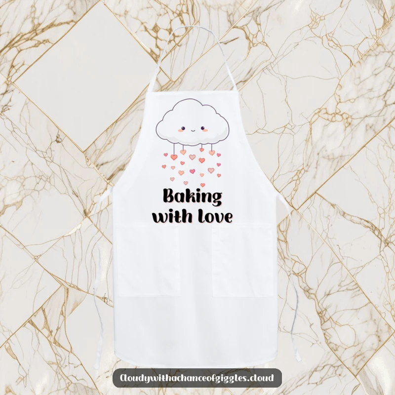 Funny apron with a fluffy white cloud raining hearts, perfect for kitchen activities, bringing love and cheer, a funny gift.