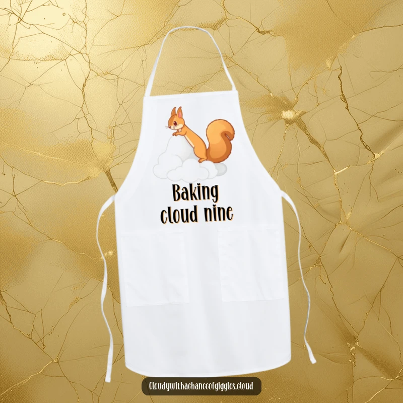 Funny apron with a squirrel scampering up a cloud mountain, ready for kitchen adventures. A great funny gift.