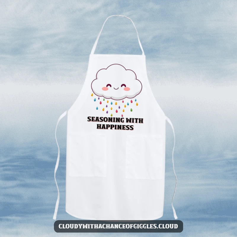 Funny fluffy cloud raining colorful drops, wearing an apron, great for kitchen fun.