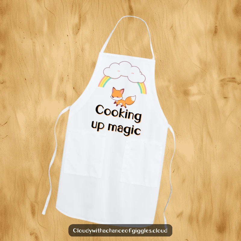Funny fox apron, a happy fox chasing a rainbow from a fluffy cloud, magical kitchen wear.