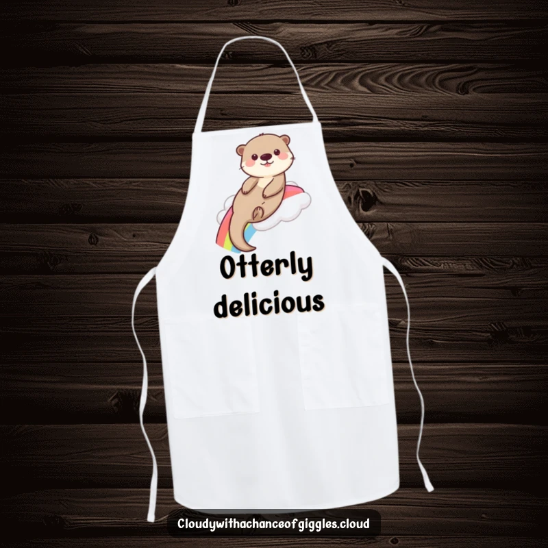 Funny playful otter slides down a rainbow from a fluffy cloud, featured on this amusing and practical kitchen apron.
