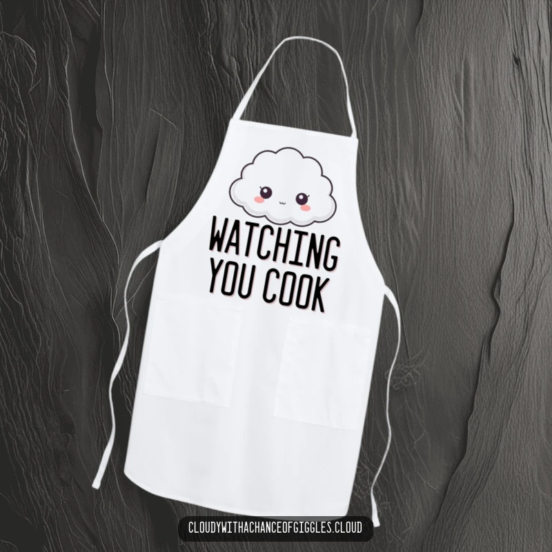 Funny cloud apron, a tiny cloud with big eyes peeking from behind a larger cloud, adding curiosity to cooking.