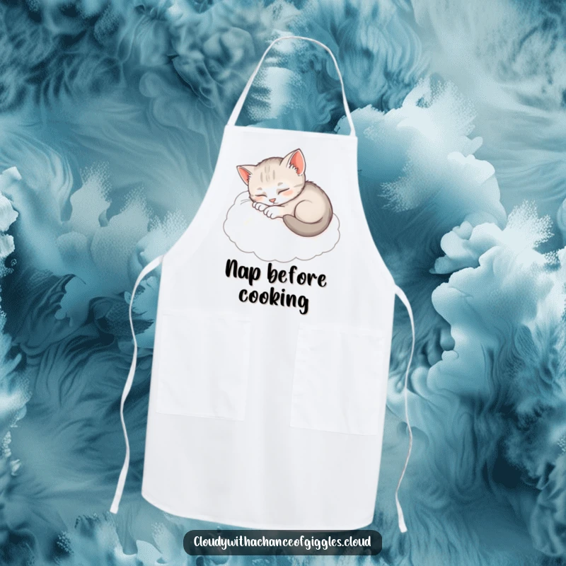 Funny Sleepy Kitten Apron: A cute kitten napping peacefully on a cloud, bringing calm to the kitchen.