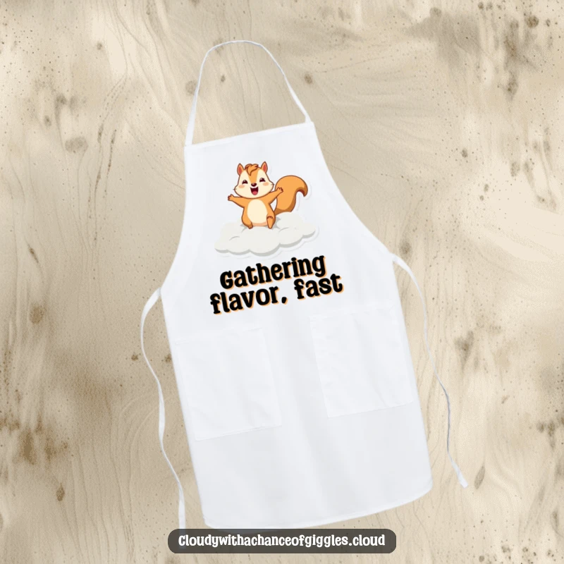 Funny squirrel apron illustrating a silly squirrel leaping from a cloud, ideal for kitchen adventures and humorous protection.