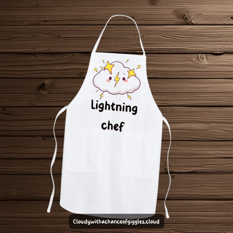 Funny cloud apron, a cloud zipping across the sky with lightning bolts shaped like stars, adding cosmic flair to cooking.