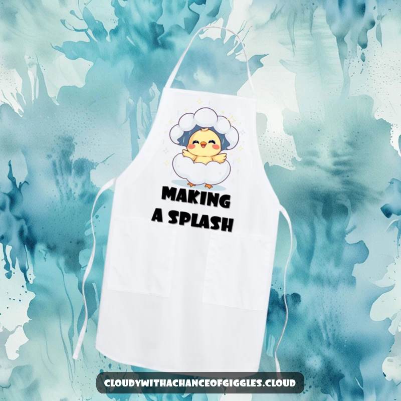 Funny giggling chick hatching from a rain cloud apron, bringing humor and cheer to any kitchen.