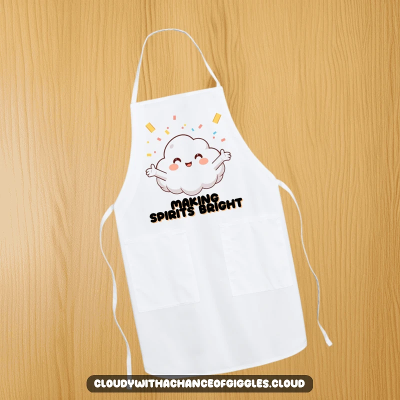 Funny apron featuring a smiling cloud character catching confetti, perfect for adding humor to cooking and baking activities.