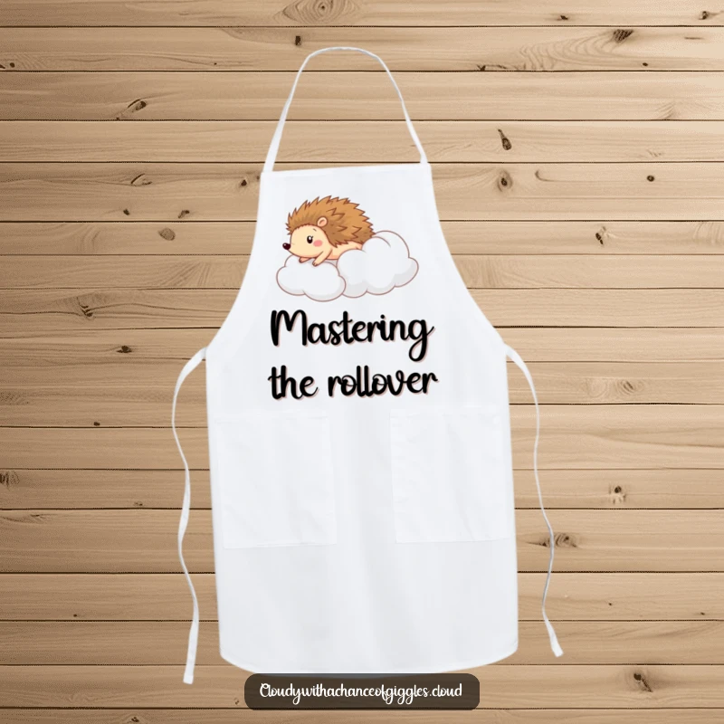 Funny apron with a cheerful hedgehog rolling down a soft cloud like a hill, adding fun to kitchen activities.