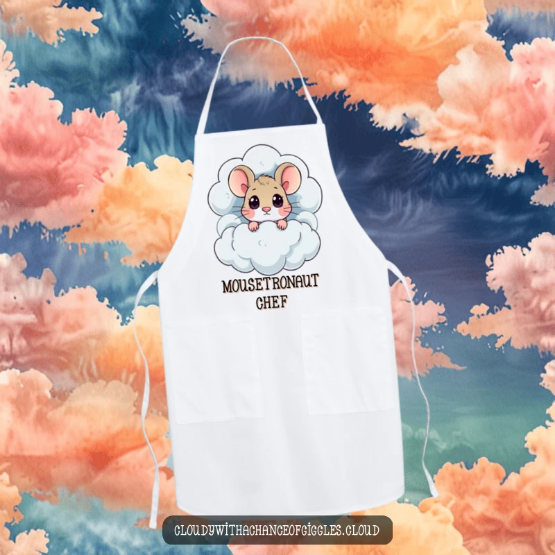 Funny mouse with big eyes peeks from a thundercloud, featured on this amusing and practical kitchen apron.