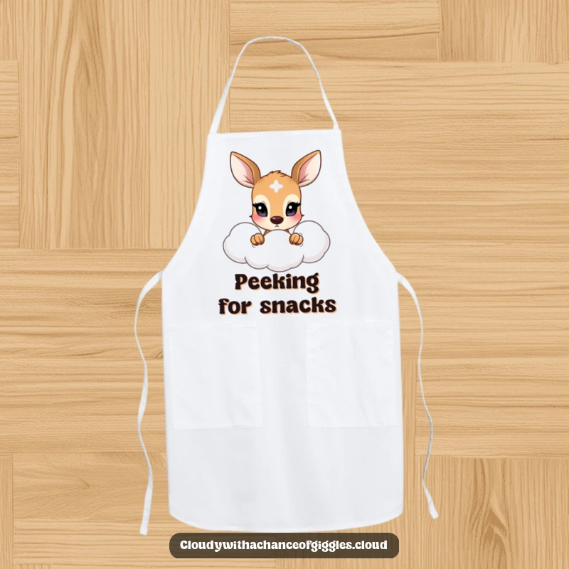 Funny apron with a shy deer with wide eyes peeking from a soft cloud, ideal for cute kitchen wear.