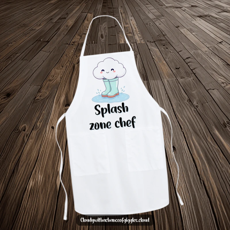 Funny cloud wearing rain boots splashing in a puddle, a humorous and protective kitchen apron.