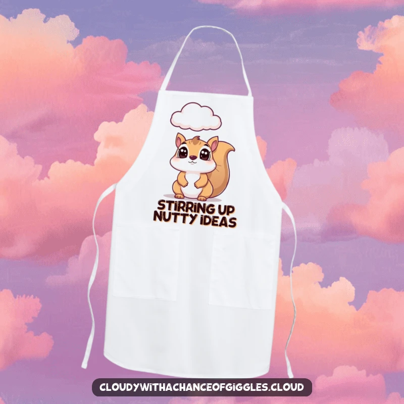Funny squirrel apron, a wide-eyed squirrel curiously looking up at a floating cloud, perfect for humorous kitchen activities.