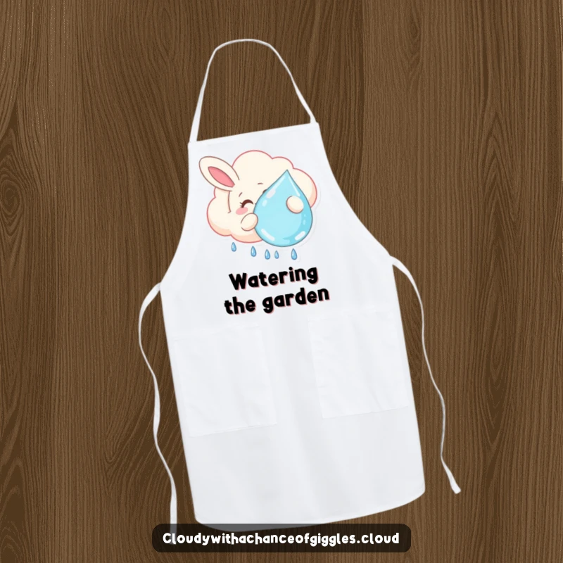Funny apron showing a smiling bunny-shaped cloud floating lazily, holding a large raindrop, perfect for adding whimsical charm to kitchen activities.