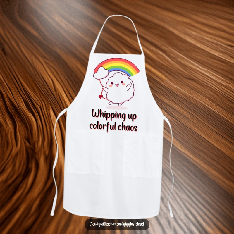 Funny Cloud Rainbow Jump Rope Apron: A cheerful cloud character tossing a vibrant rainbow like a jump rope, adding fun to kitchen tasks.
