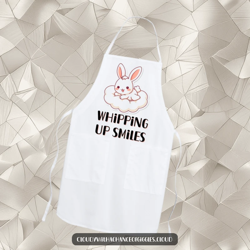 Funny bunny apron illustrating a cheerful bunny sliding down a cloud, ideal for kitchen fun and humorous protection.