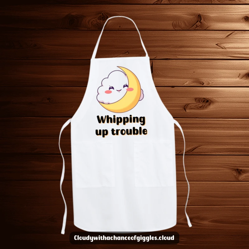 Funny Apron: A mischievous cloud grins from behind a crescent moon, ready to add humor to any culinary creation.