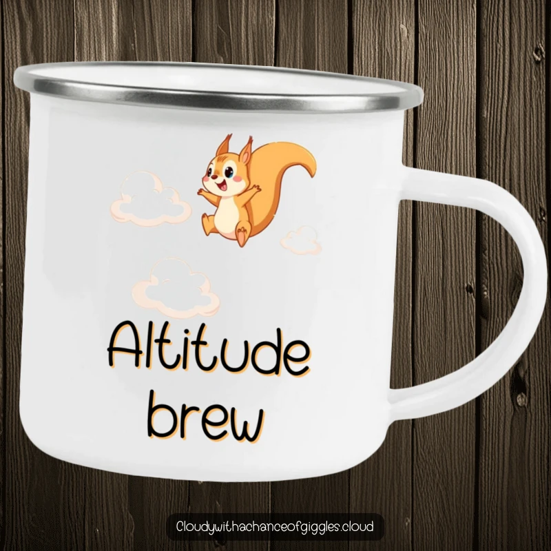 Funny camping mug showing a happy squirrel leaping between clouds, designed for outdoor enthusiasts who appreciate humor.