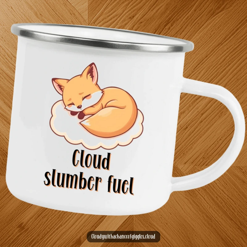 Funny sleepy fox napping on a cloud camping mug, ideal for outdoor adventures and cozy mornings.