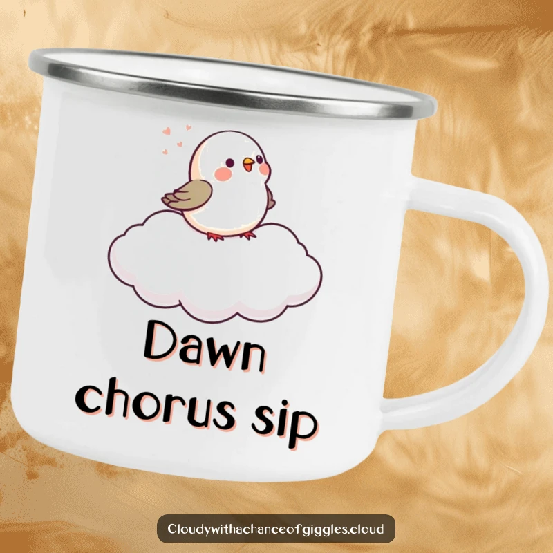Funny tiny bird chirps on a gently drifting cloud, ready for adventure on this sturdy camping mug.
