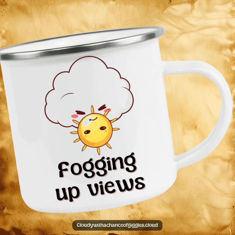 Funny camping mug with a mischievous cloud sporting a sly grin, hiding behind a tiny sun, designed for outdoor enthusiasts who appreciate humor.
