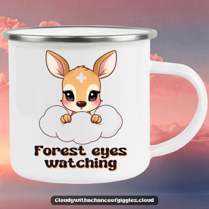 Funny camping mug featuring a shy deer with wide eyes peeking from a soft cloud, perfect for nature lovers.