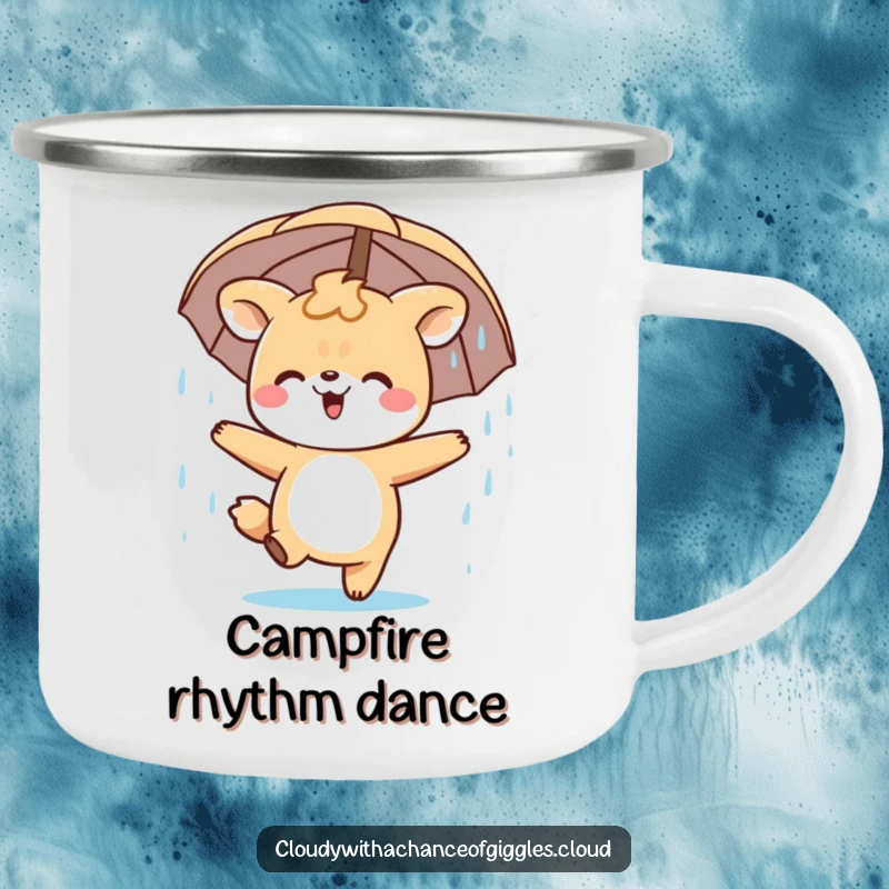 Funny Camping Mug featuring a happy animal character dancing in a gentle rain shower. Durable and amusing drinkware.
