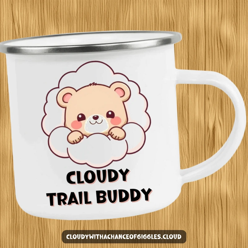 Funny enamel camping mug with a cute bear cub peeking from behind a smiling cloud, for outdoor fun.