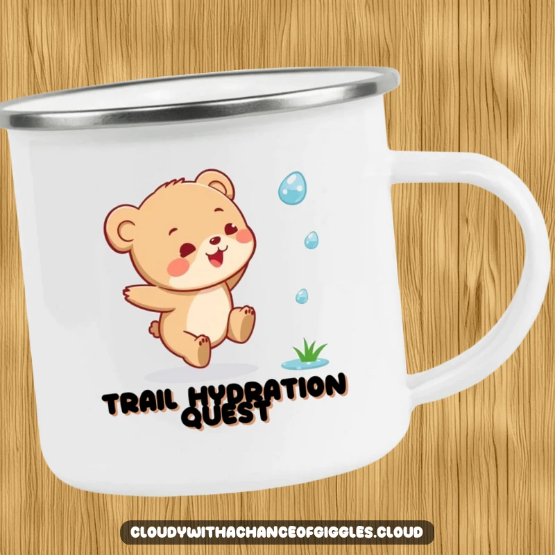 Funny Bear Cub Camping Mug: A joyful bear cub leaping to catch a raindrop, designed for outdoor fun and humor.