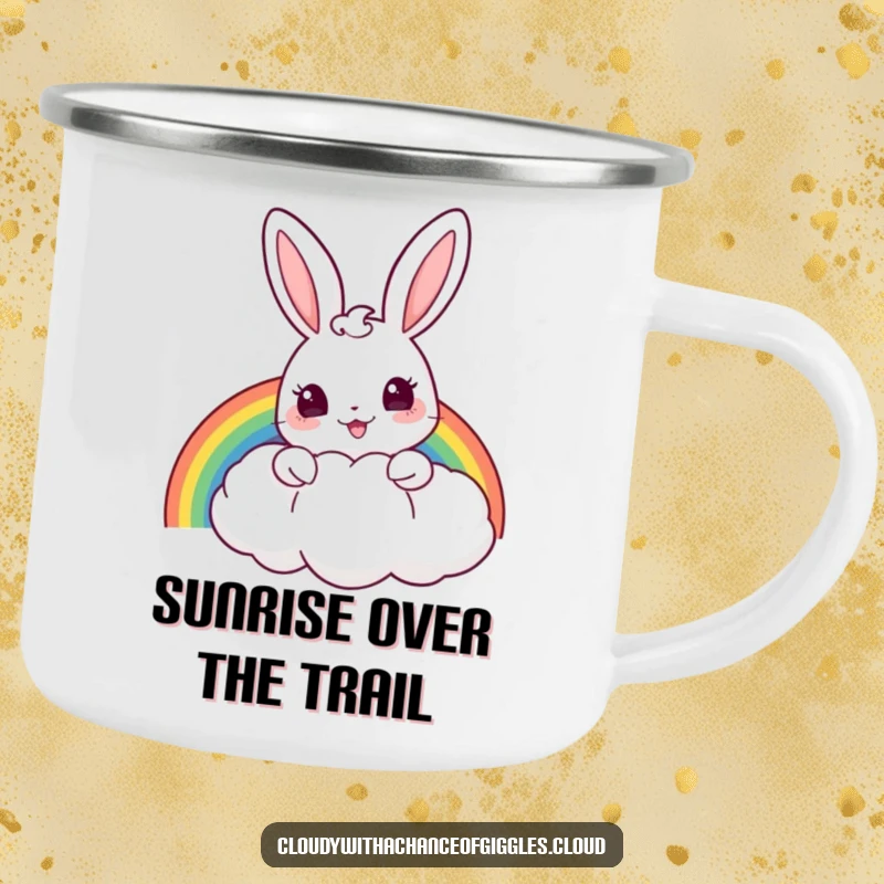 Funny camping mug with a cheerful bunny peeking from behind a puffy cloud, holding a rainbow, ideal for outdoor fun.