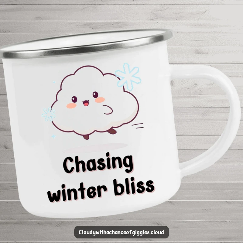 Funny camping mug featuring a playful cloud animal character chasing a dancing snowflake, ideal for winter drinks.