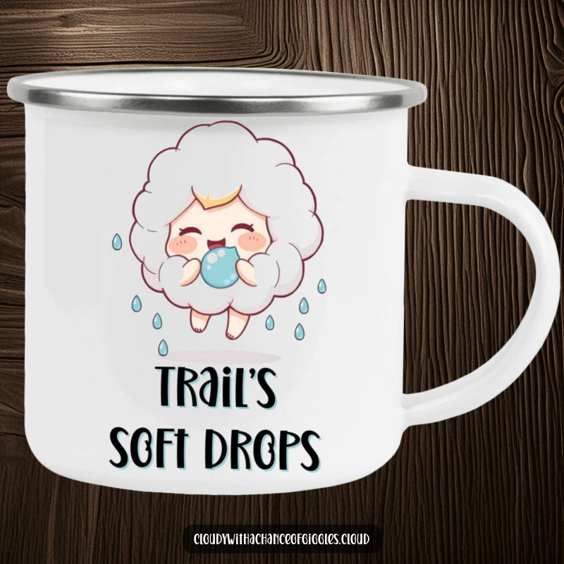 Funny camping mug with a fluffy cloud child giggling and bouncing a raindrop, designed for outdoor fun and whimsical charm.