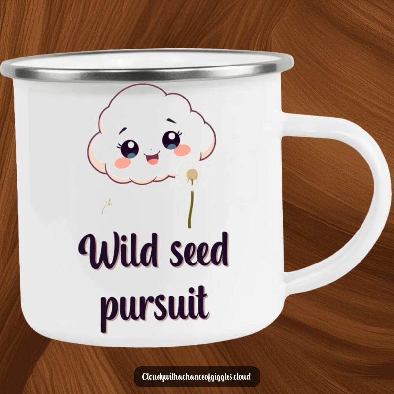 Funny, excited cloud with wide eyes chasing a fluffy white dandelion seed on a durable camping mug.