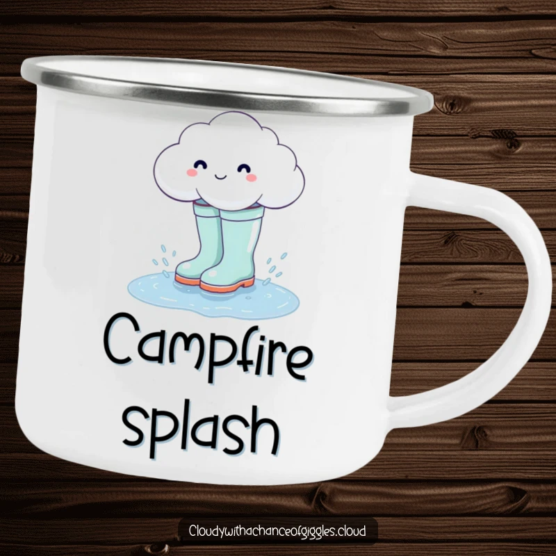 Funny cloud wearing rain boots splashing in a puddle, a durable and humorous camping mug.