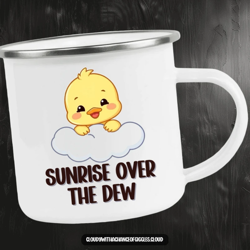 Funny duckling camping mug showing a smiling duckling peeking from a cloud, sturdy and cheerful for outdoor adventures.