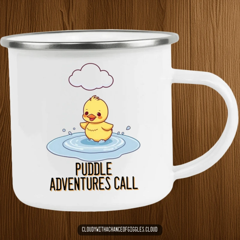 Funny Duckling Puddle Splash Camping Mug, featuring a happy duckling splashing in a puddle under a cloud, for outdoor enjoyment.